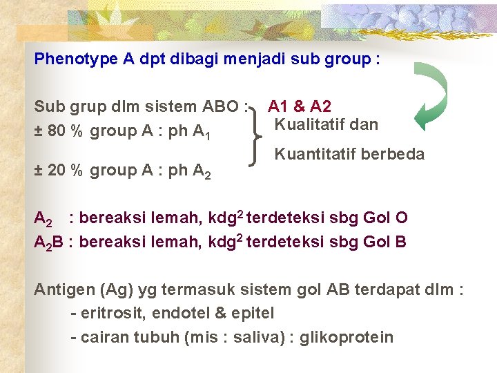 Phenotype A dpt dibagi menjadi sub group : Sub grup dlm sistem ABO :