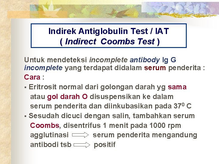 Indirek Antiglobulin Test / IAT ( Indirect Coombs Test ) Untuk mendeteksi incomplete antibody