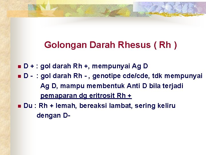 Golongan Darah Rhesus ( Rh ) D + : gol darah Rh +, mempunyai