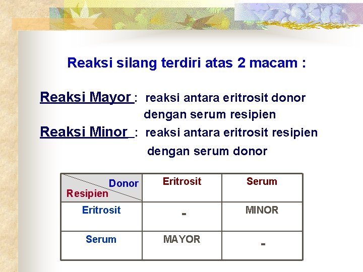 Reaksi silang terdiri atas 2 macam : Reaksi Mayor : reaksi antara eritrosit donor
