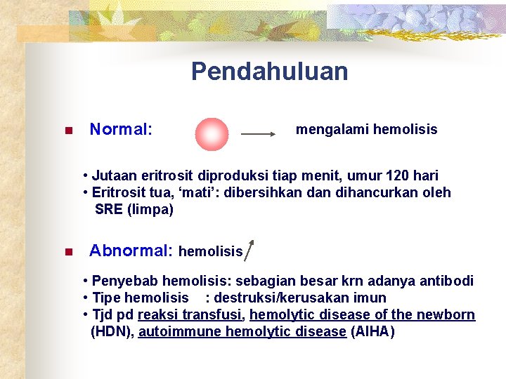 Pendahuluan n Normal: mengalami hemolisis • Jutaan eritrosit diproduksi tiap menit, umur 120 hari