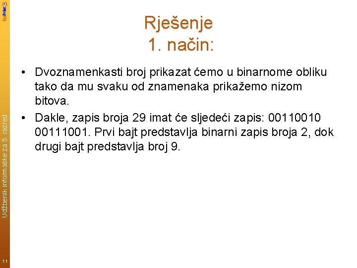 Udžbenik informatike za 5. razred Rješenje 1. način: 11 • Dvoznamenkasti broj prikazat ćemo