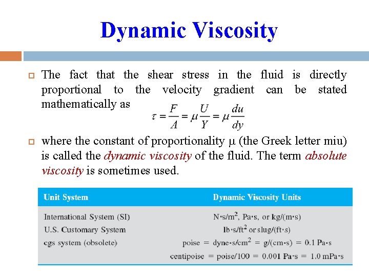 Dynamic Viscosity The fact that the shear stress in the fluid is directly proportional