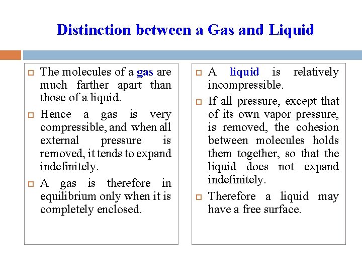 Distinction between a Gas and Liquid The molecules of a gas are much farther