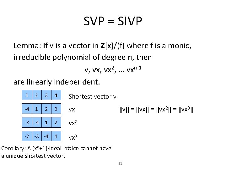 SVP = SIVP Lemma: If v is a vector in Z[x]/(f) where f is