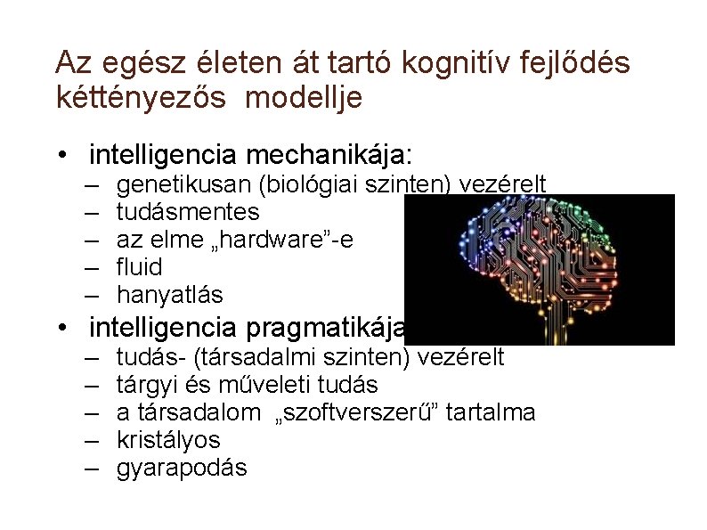 Az egész életen át tartó kognitív fejlődés kéttényezős modellje • intelligencia mechanikája: – –