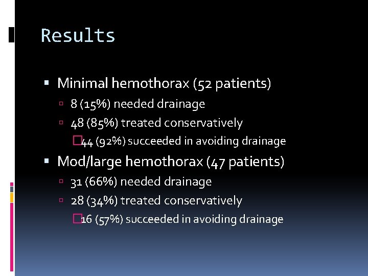 Results Minimal hemothorax (52 patients) 8 (15%) needed drainage 48 (85%) treated conservatively �