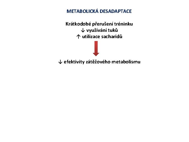 METABOLICKÁ DESADAPTACE Krátkodobé přerušení tréninku ↓ využívání tuků ↑ utilizace sacharidů ↓ efektivity zátěžového