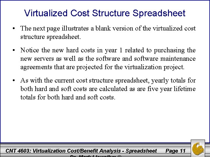 Virtualized Cost Structure Spreadsheet • The next page illustrates a blank version of the