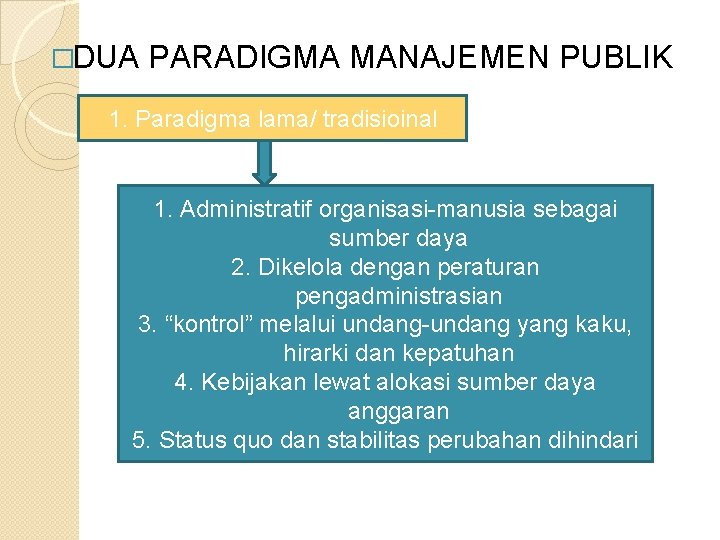 �DUA PARADIGMA MANAJEMEN PUBLIK 1. Paradigma lama/ tradisioinal 1. Administratif organisasi-manusia sebagai sumber daya