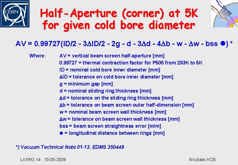 Half-Aperture (corner) at 5 K for given cold bore diameter AV = 0. 99727(ID/2