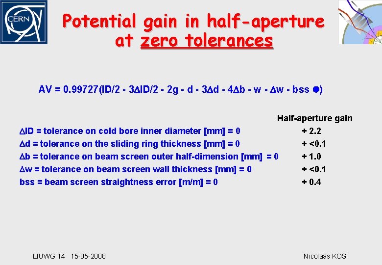 Potential gain in half-aperture at zero tolerances AV = 0. 99727(ID/2 - 3 ID/2