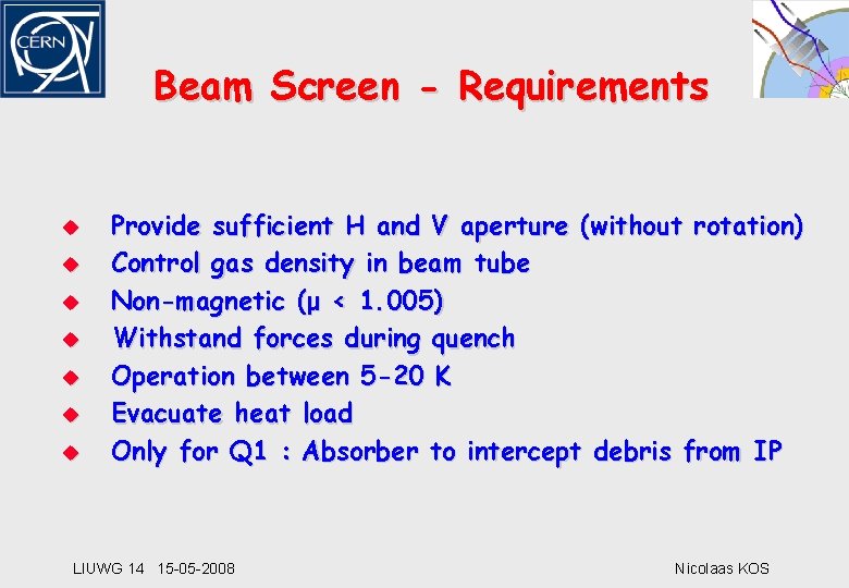 Beam Screen - Requirements u u u u Provide sufficient H and V aperture