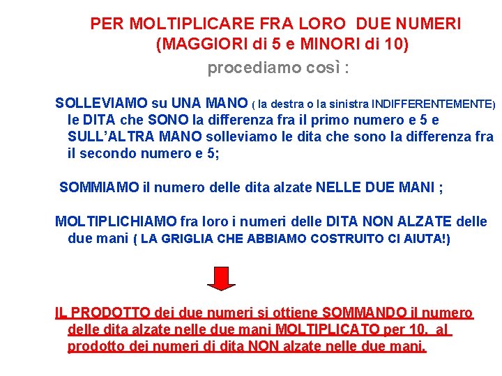 PER MOLTIPLICARE FRA LORO DUE NUMERI (MAGGIORI di 5 e MINORI di 10) procediamo