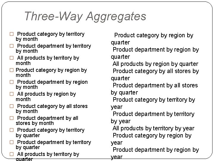 Three-Way Aggregates � Product category by territory � � � � � by month