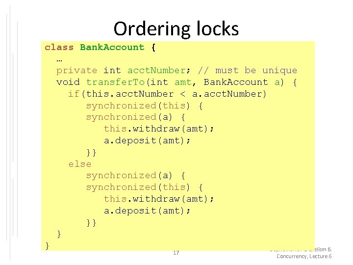 Ordering locks class Bank. Account { … private int acct. Number; // must be