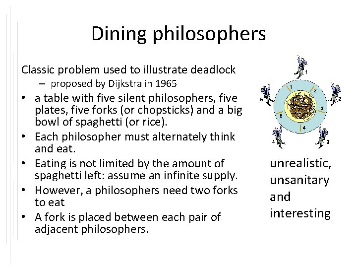 Dining philosophers Classic problem used to illustrate deadlock – proposed by Dijkstra in 1965