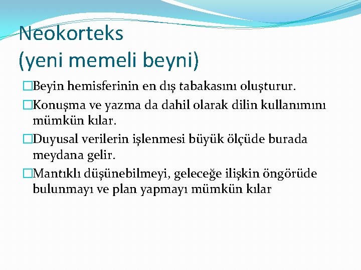 Neokorteks (yeni memeli beyni) �Beyin hemisferinin en dış tabakasını oluşturur. �Konuşma ve yazma da