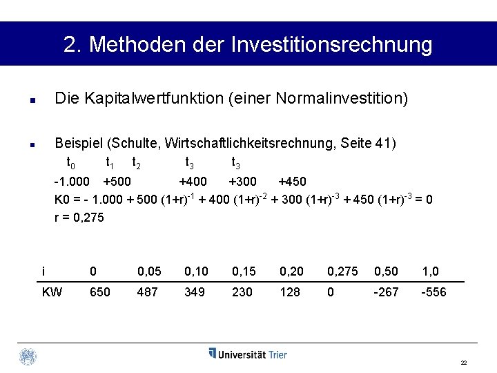 2. Methoden der Investitionsrechnung n Die Kapitalwertfunktion (einer Normalinvestition) n Beispiel (Schulte, Wirtschaftlichkeitsrechnung, Seite