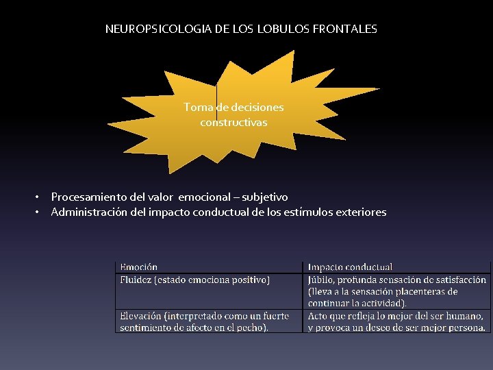 NEUROPSICOLOGIA DE LOS LOBULOS FRONTALES Toma de decisiones constructivas • Procesamiento del valor emocional
