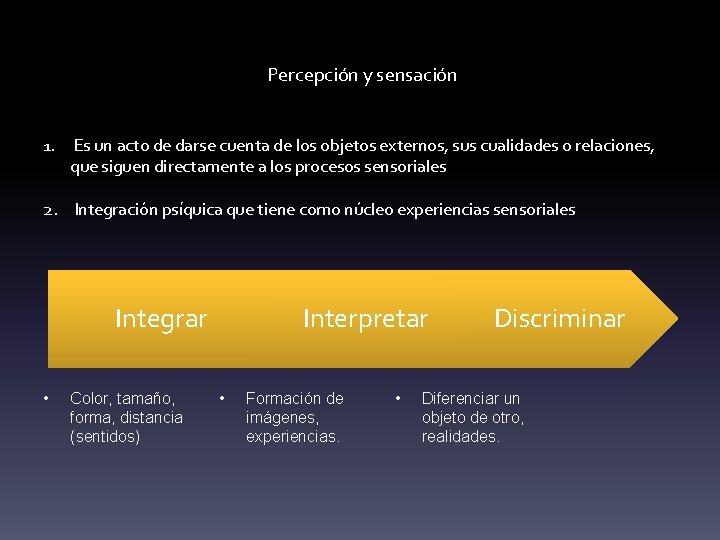 Percepción y sensación 1. Es un acto de darse cuenta de los objetos externos,