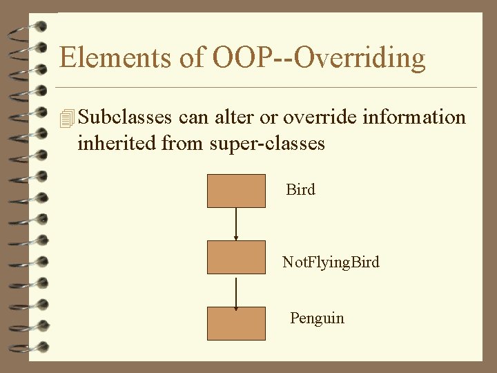 Elements of OOP--Overriding 4 Subclasses can alter or override information inherited from super-classes Bird Elements of OOP--Overriding 4 Subclasses can alter or override information inherited from super-classes Bird