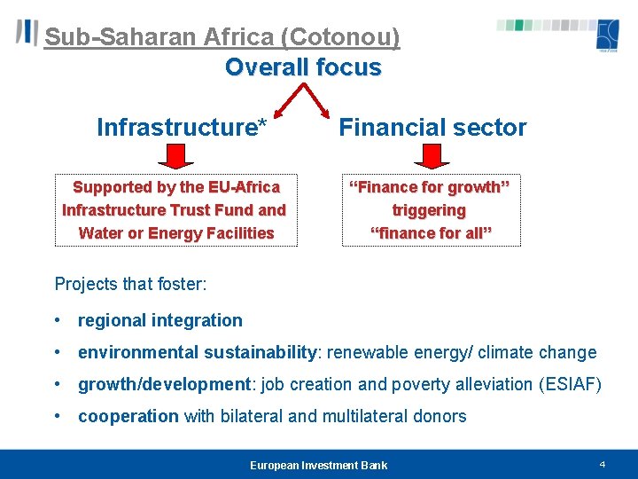 Sub-Saharan Africa (Cotonou) Overall focus Infrastructure* Supported by the EU-Africa Infrastructure Trust Fund and