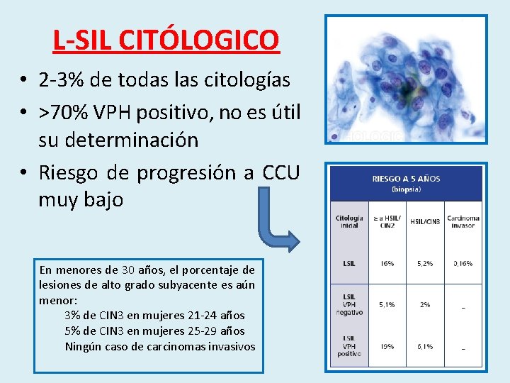 L-SIL CITÓLOGICO • 2 -3% de todas las citologías • >70% VPH positivo, no