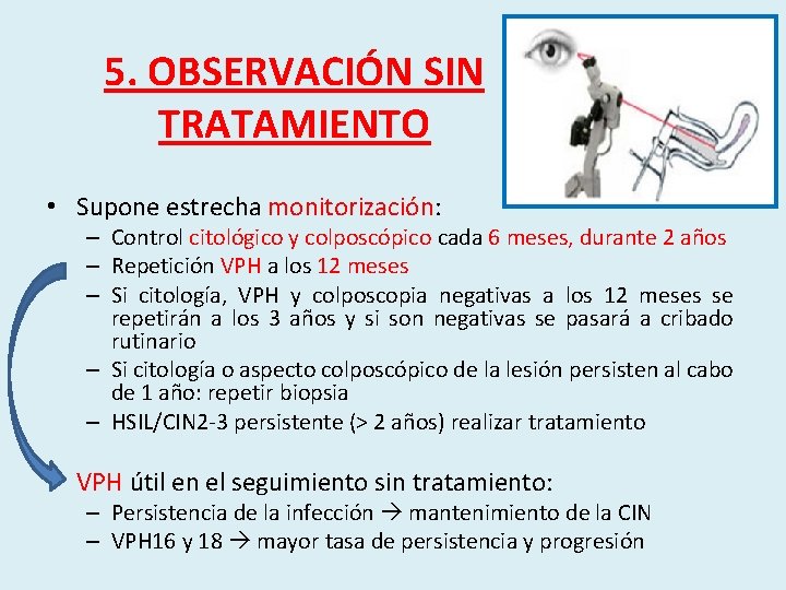 5. OBSERVACIÓN SIN TRATAMIENTO • Supone estrecha monitorización: – Control citológico y colposcópico cada