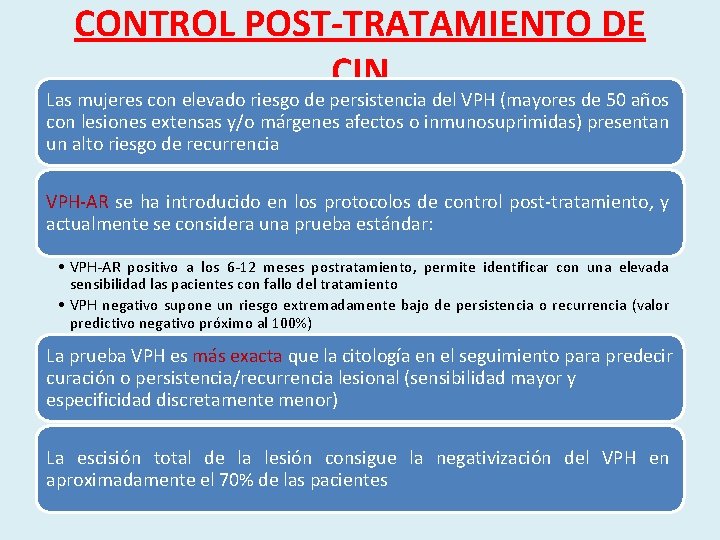 CONTROL POST-TRATAMIENTO DE CIN Las mujeres con elevado riesgo de persistencia del VPH (mayores