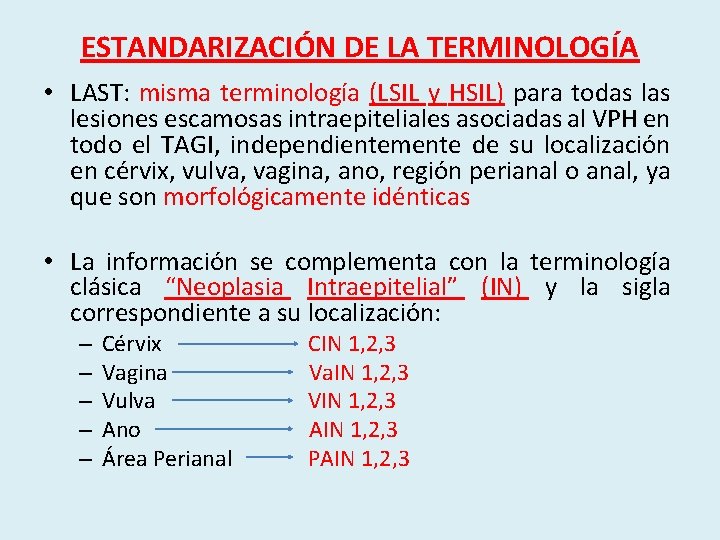 ESTANDARIZACIÓN DE LA TERMINOLOGÍA • LAST: misma terminología (LSIL y HSIL) para todas lesiones