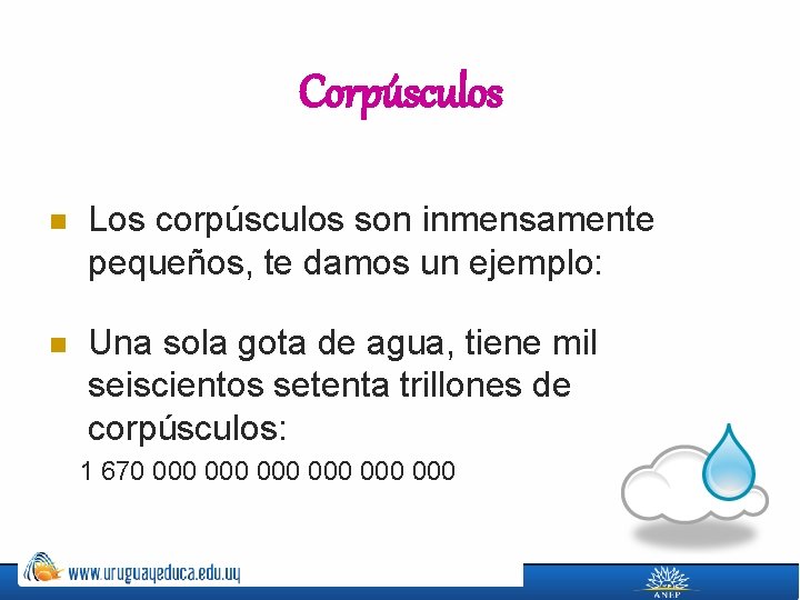 Corpúsculos n Los corpúsculos son inmensamente pequeños, te damos un ejemplo: n Una sola