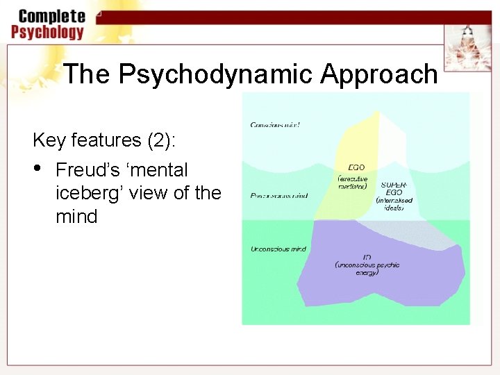 The Psychodynamic Approach Key features (2): • Freud’s ‘mental iceberg’ view of the mind
