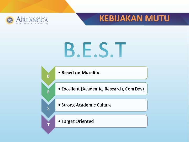 KEBIJAKAN MUTU B E S T • Based on Morality • Excellent (Academic, Research,