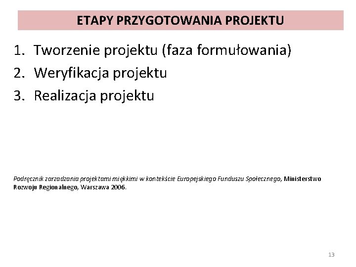 ETAPY PRZYGOTOWANIA PROJEKTU 1. Tworzenie projektu (faza formułowania) 2. Weryfikacja projektu 3. Realizacja projektu