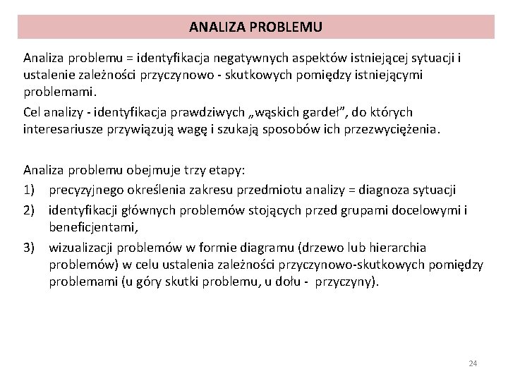 ANALIZA PROBLEMU Analiza problemu = identyfikacja negatywnych aspektów istniejącej sytuacji i ustalenie zależności przyczynowo