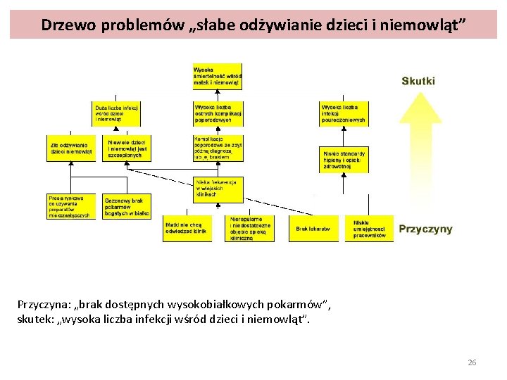 Drzewo problemów „słabe odżywianie dzieci i niemowląt” Przyczyna: „brak dostępnych wysokobiałkowych pokarmów”, skutek: „wysoka