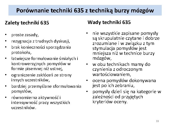 Porównanie techniki 635 z techniką burzy mózgów Zalety techniki 635 Wady techniki 635 •