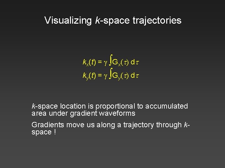 Visualizing k-space trajectories kx(t) = Gx(t) dt ky(t) = Gy(t) dt k-space location is