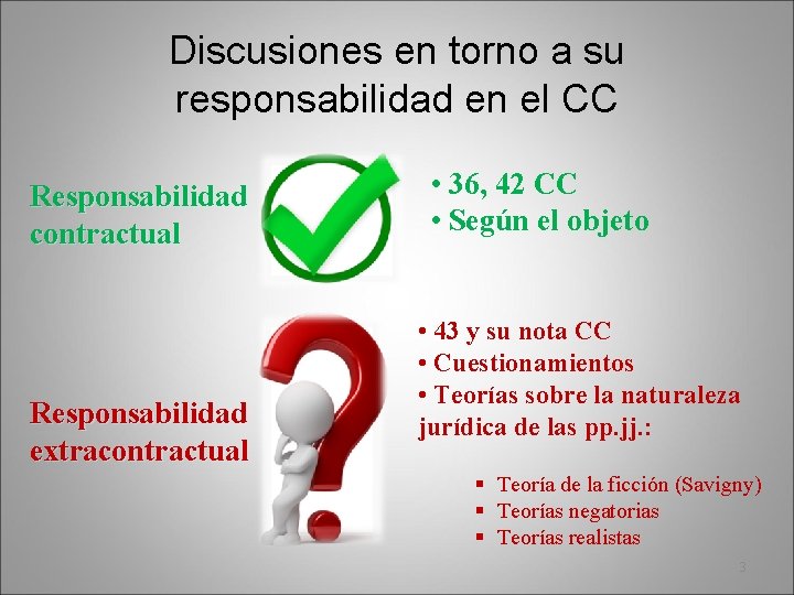 Discusiones en torno a su responsabilidad en el CC Responsabilidad contractual Responsabilidad extracontractual •