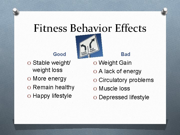 Fitness Behavior Effects Good Bad O Stable weight/ O Weight Gain weight loss O