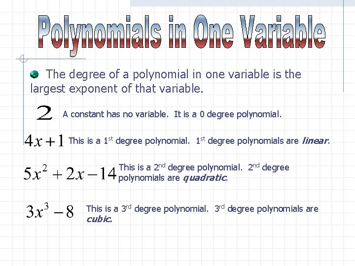 The degree of a polynomial in one variable is the largest exponent of that