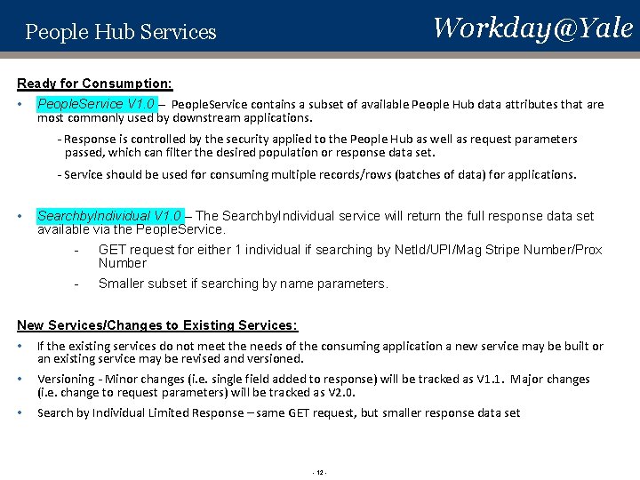 Workday@Yale People Hub Services Ready for Consumption: • People. Service V 1. 0 –