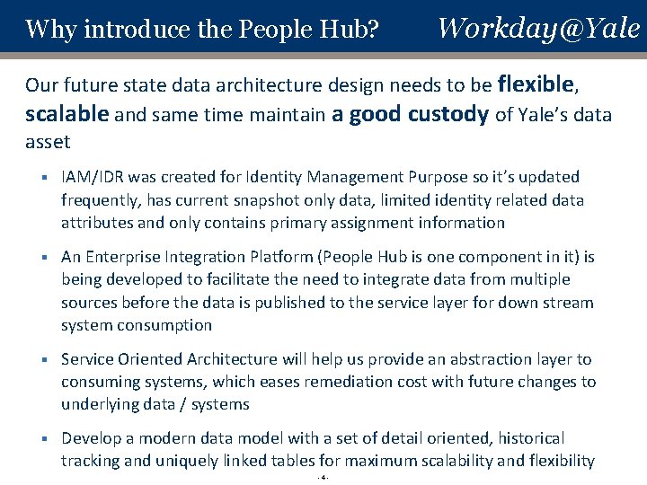 Why introduce the People Hub? Workday@Yale Our future state data architecture design needs to