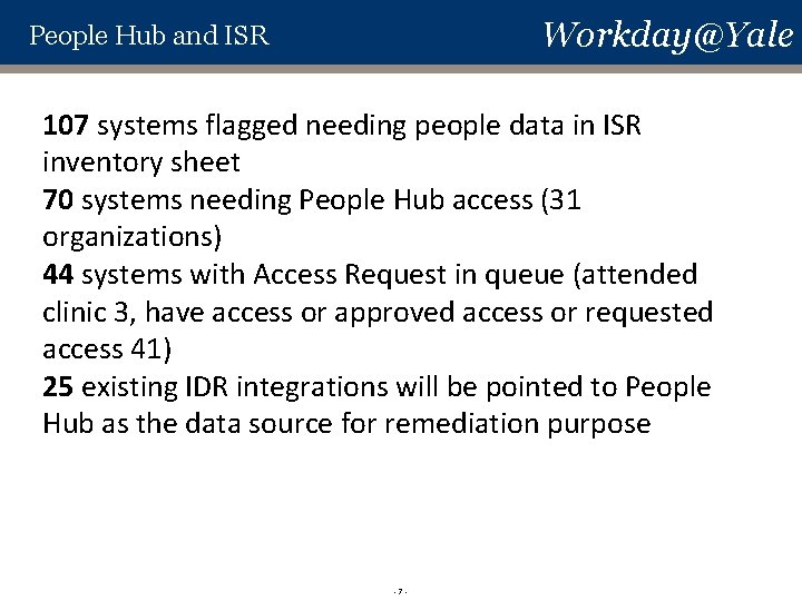 Workday@Yale People Hub and ISR 107 systems flagged needing people data in ISR inventory