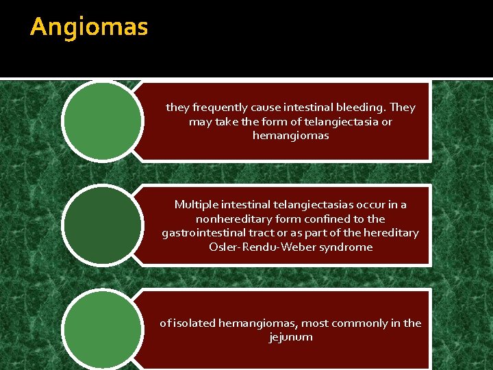 Angiomas they frequently cause intestinal bleeding. They may take the form of telangiectasia or