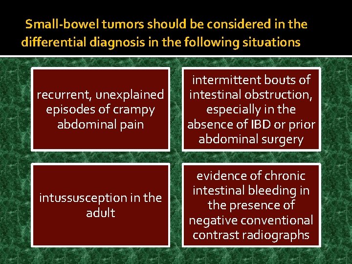 Small-bowel tumors should be considered in the differential diagnosis in the following situations recurrent,