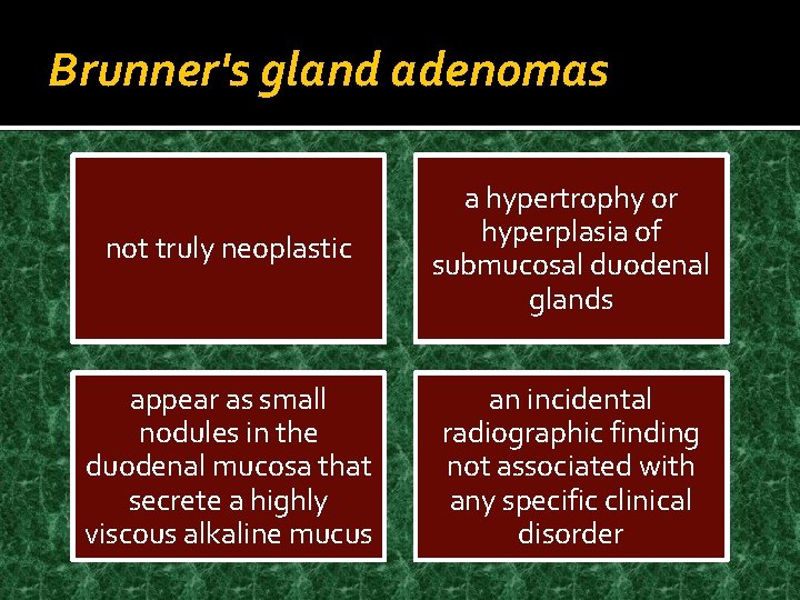Brunner's gland adenomas not truly neoplastic a hypertrophy or hyperplasia of submucosal duodenal glands