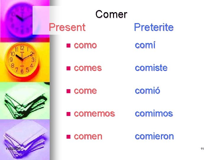 Comer Present 11/22/2020 Preterite n como comí n comes comiste n come comió n