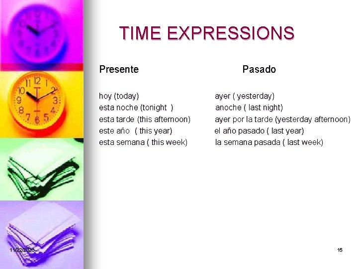 TIME EXPRESSIONS Presente hoy (today) esta noche (tonight ) esta tarde (this afternoon) este
